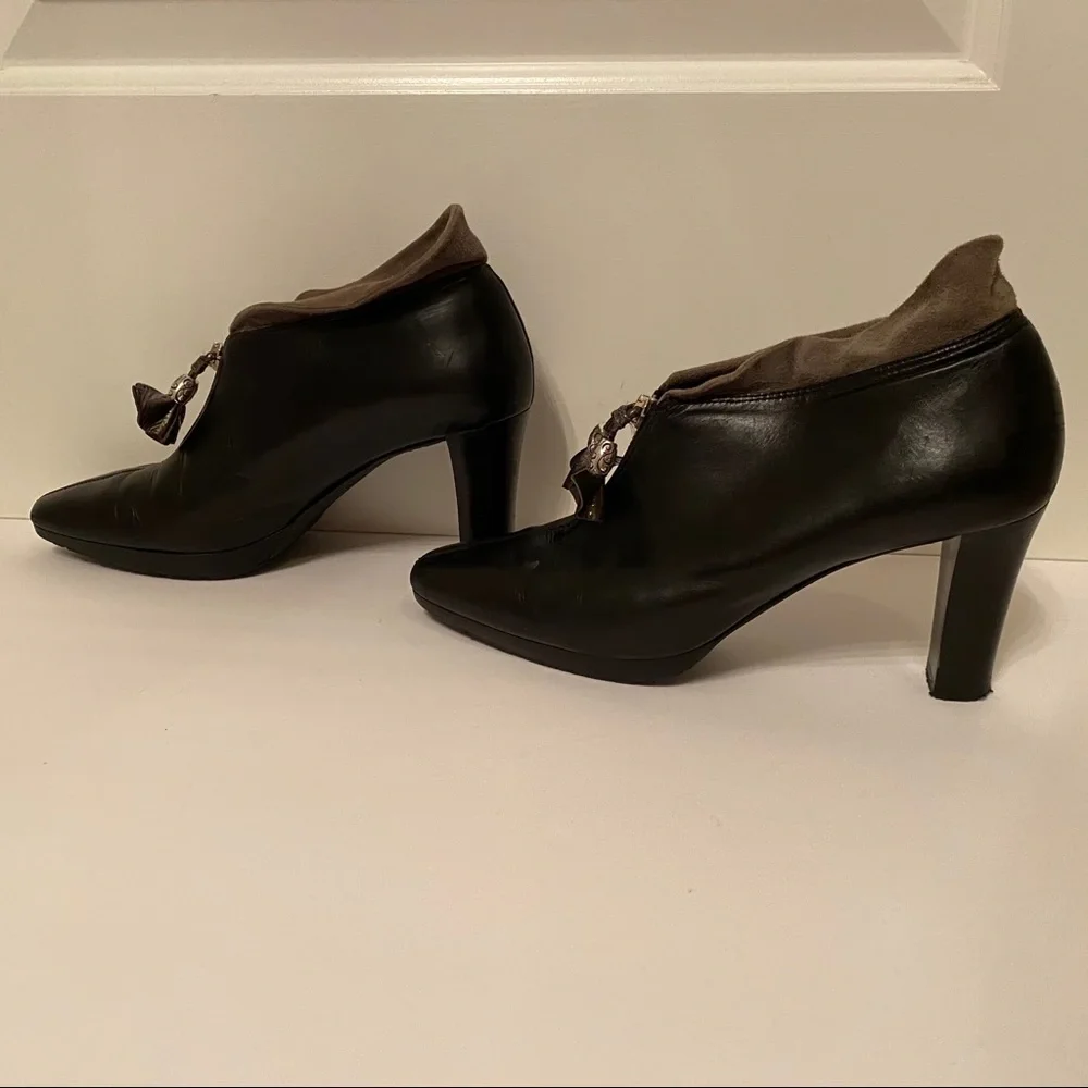 BRIGHTON SHOES HEELS ANKLE BOOTIES BLACK STACEY LEATHER GRAY SUEDE 8.5 M